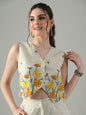 Myshka Women Off White Multicolor Thread Embroidered Waistcoat