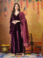 Myshka Women Wine Velvet Flared Sleeves Kurta Set with Dupatta