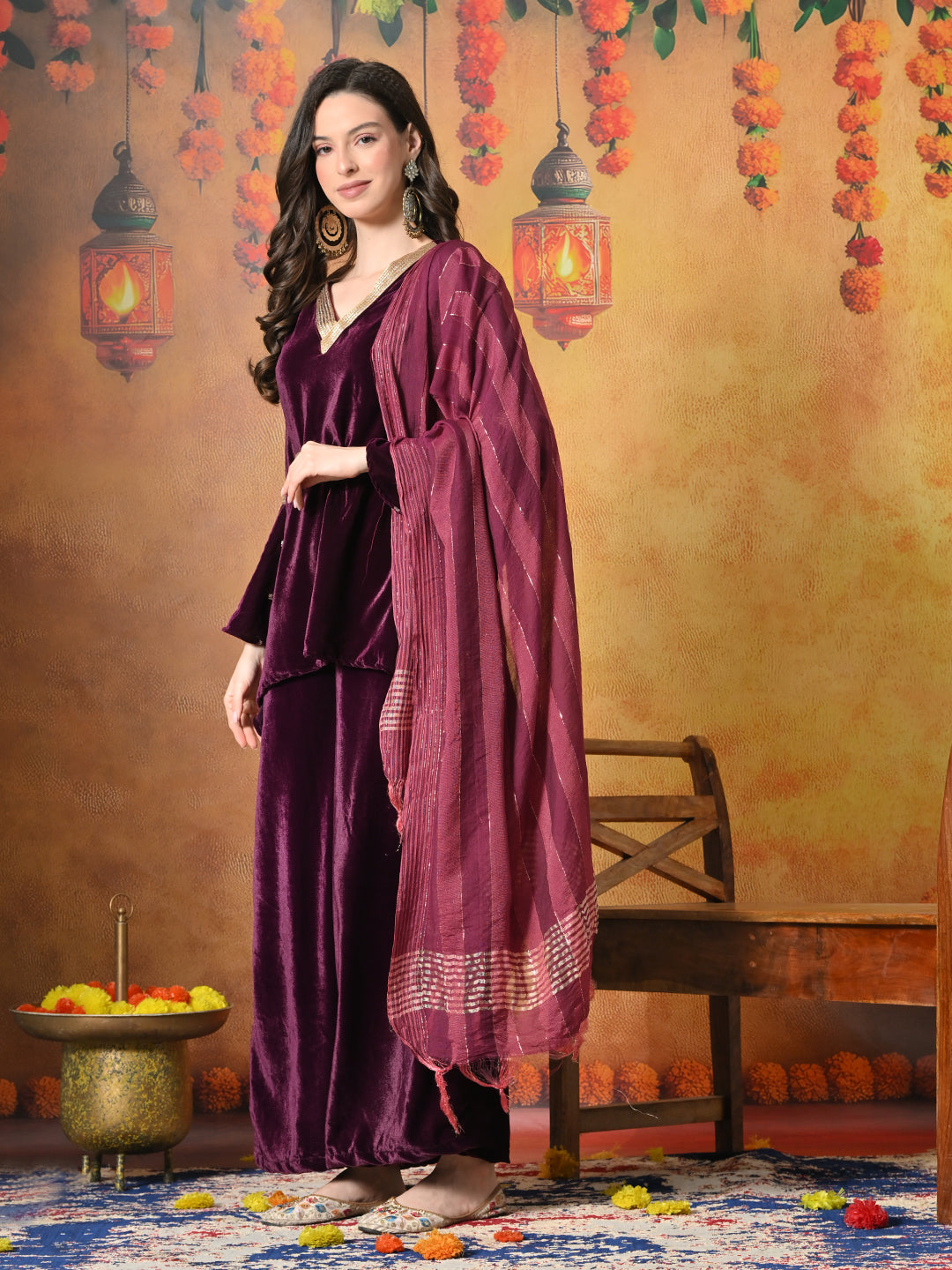 Myshka Women Wine Velvet Flared Sleeves Kurta Set with Dupatta