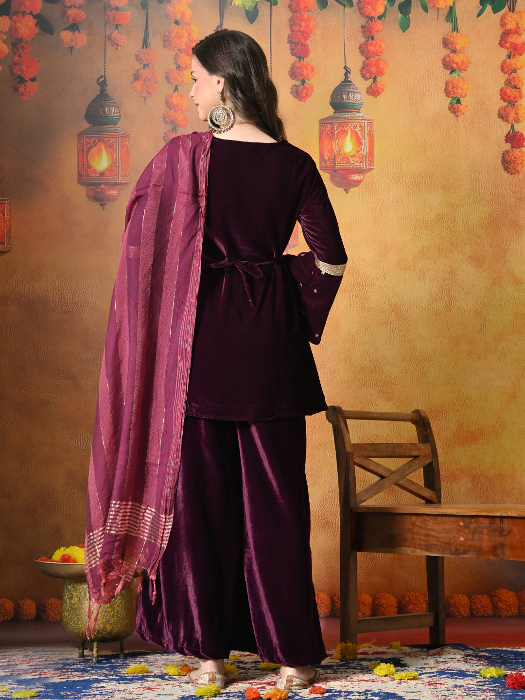 Myshka Women Wine Velvet Flared Sleeves Kurta Set with Dupatta