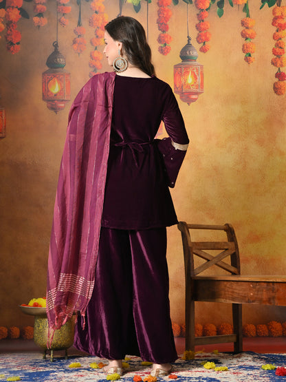 Myshka Women Wine Velvet Flared Sleeves Kurta Set with Dupatta