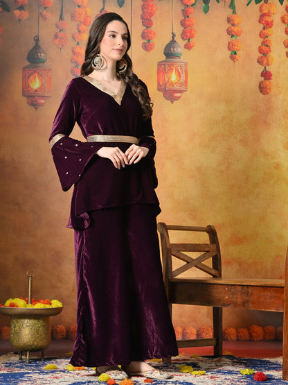 Myshka Women Wine Velvet Flared Sleeves Kurta Set with Dupatta