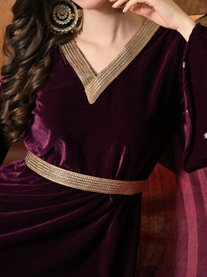 Myshka Women Wine Velvet Flared Sleeves Kurta Set with Dupatta