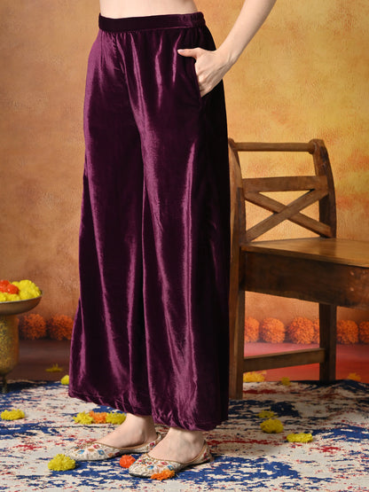 Myshka Women Wine Velvet Flared Sleeves Kurta Set with Dupatta