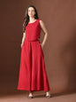 Myshka Women Red Pure Cotton Sleeveless Schiffli Top with Flared Trouser