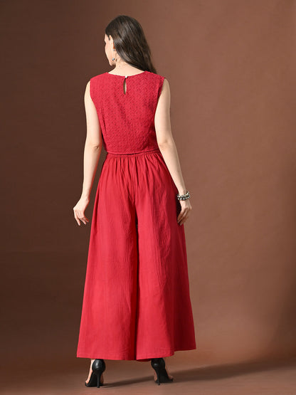 Myshka Women Red Pure Cotton Sleeveless Schiffli Top with Flared Trouser