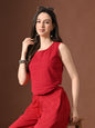 Myshka Women Red Pure Cotton Sleeveless Schiffli Top with Flared Trouser
