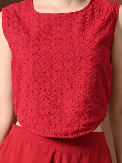 Myshka Women Red Pure Cotton Sleeveless Schiffli Top with Flared Trouser