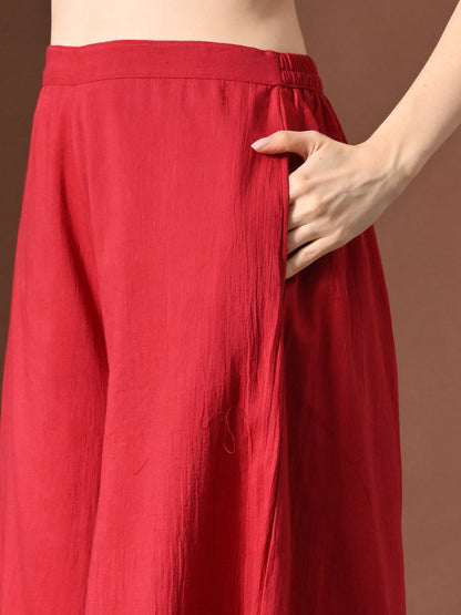 Myshka Women Red Pure Cotton Sleeveless Schiffli Top with Flared Trouser