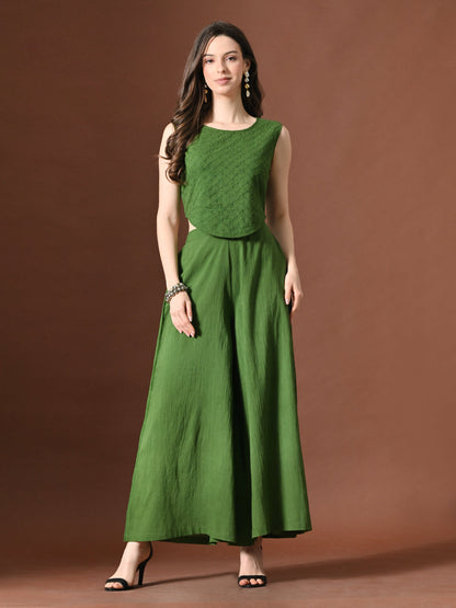Myshka Women Green Pure Cotton Sleeveless Schiffli Top with Flared Trouser