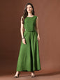 Myshka Women Green Pure Cotton Sleeveless Schiffli Top with Flared Trouser