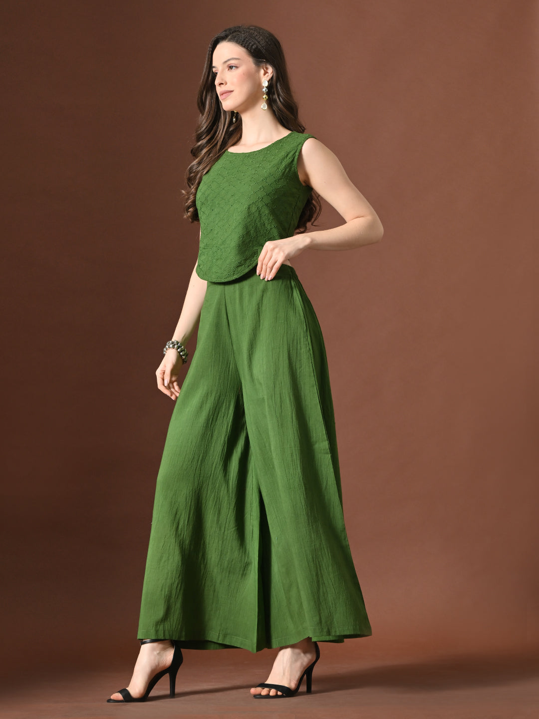 Myshka Women Green Pure Cotton Sleeveless Schiffli Top with Flared Trouser