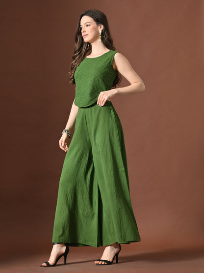 Myshka Women Green Pure Cotton Sleeveless Schiffli Top with Flared Trouser
