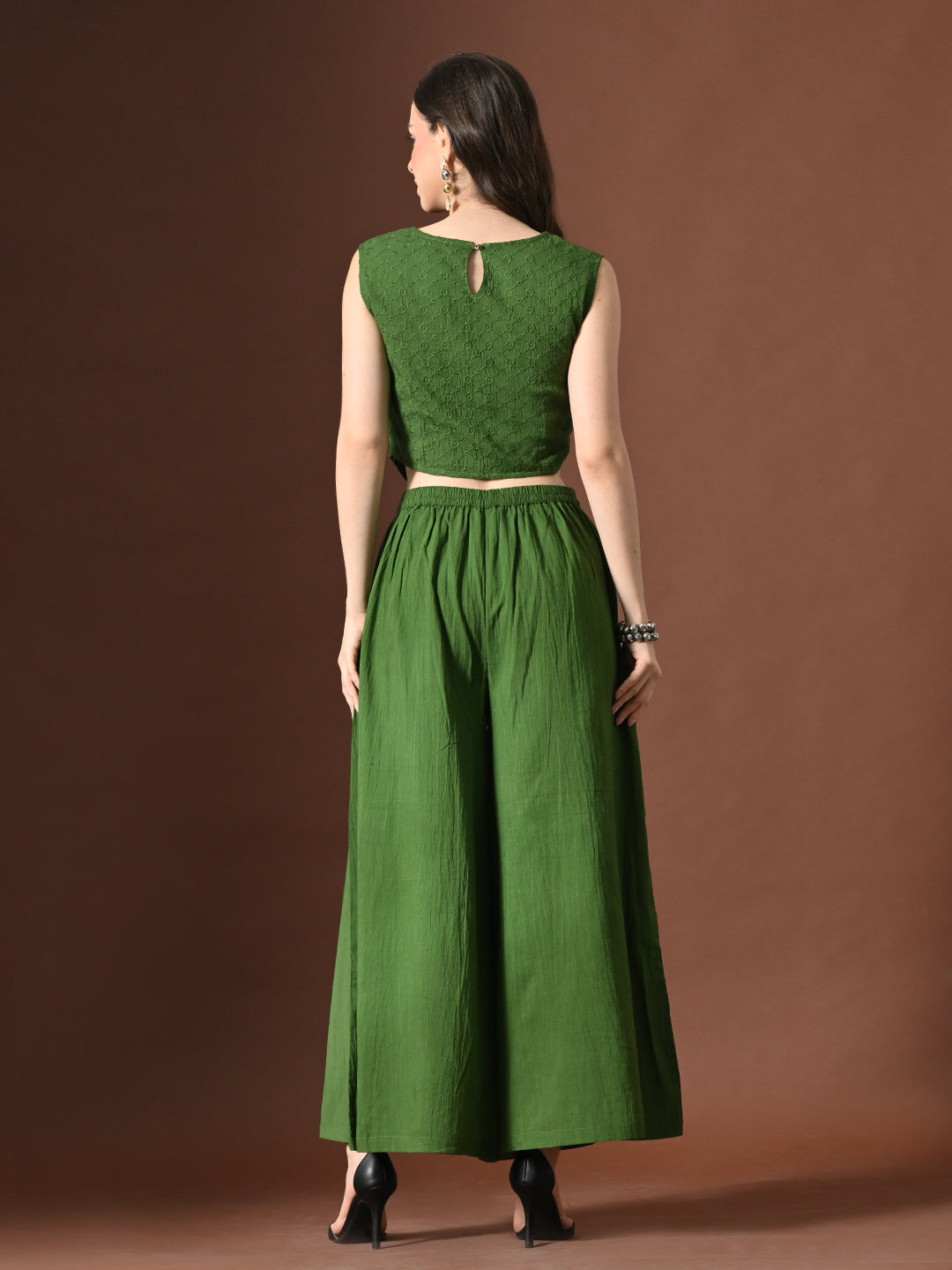 Myshka Women Green Pure Cotton Sleeveless Schiffli Top with Flared Trouser