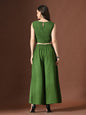 Myshka Women Green Pure Cotton Sleeveless Schiffli Top with Flared Trouser