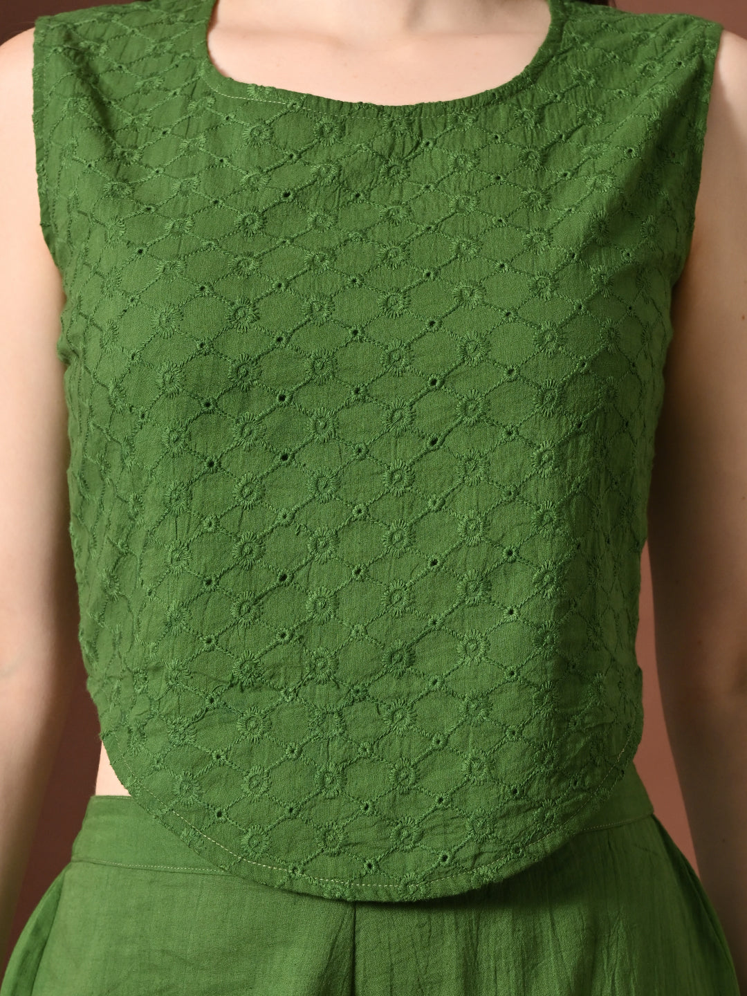 Myshka Women Green Pure Cotton Sleeveless Schiffli Top with Flared Trouser