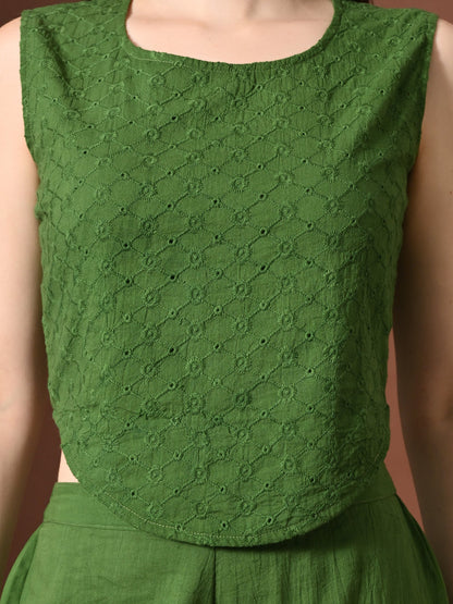 Myshka Women Green Pure Cotton Sleeveless Schiffli Top with Flared Trouser