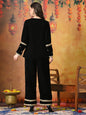 Myshka Women Black Velvet Shirt Embroidered Full Sleeves with Flared Trouser