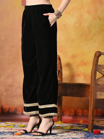 Myshka Women Black Velvet Shirt Embroidered Full Sleeves with Flared Trouser