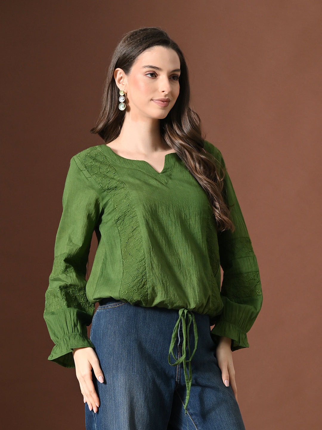 Myshka Women Pure Cotton Top Puffed Full Sleeves Schiffli Pattern Embroidered Waist Tie-up Style