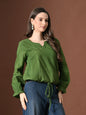 Myshka Women Pure Cotton Top Puffed Full Sleeves Schiffli Pattern Embroidered Waist Tie-up Style