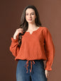 Myshka Women Pure Cotton Top Puffed Full Sleeves Schiffli Pattern Embroidered Tie-up Style