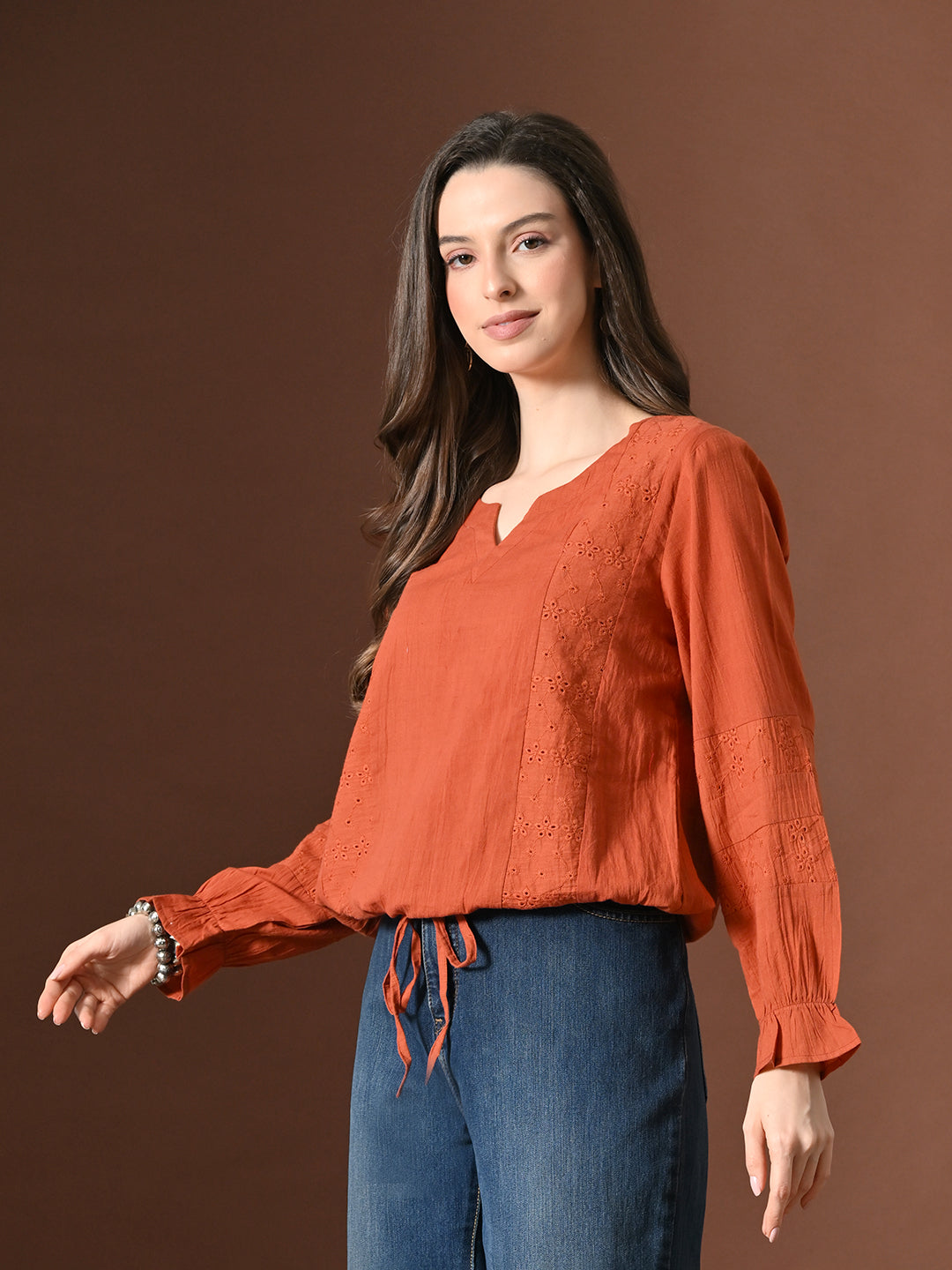 Myshka Women Pure Cotton Top Puffed Full Sleeves Schiffli Pattern Embroidered Tie-up Style