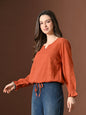 Myshka Women Pure Cotton Top Puffed Full Sleeves Schiffli Pattern Embroidered Tie-up Style
