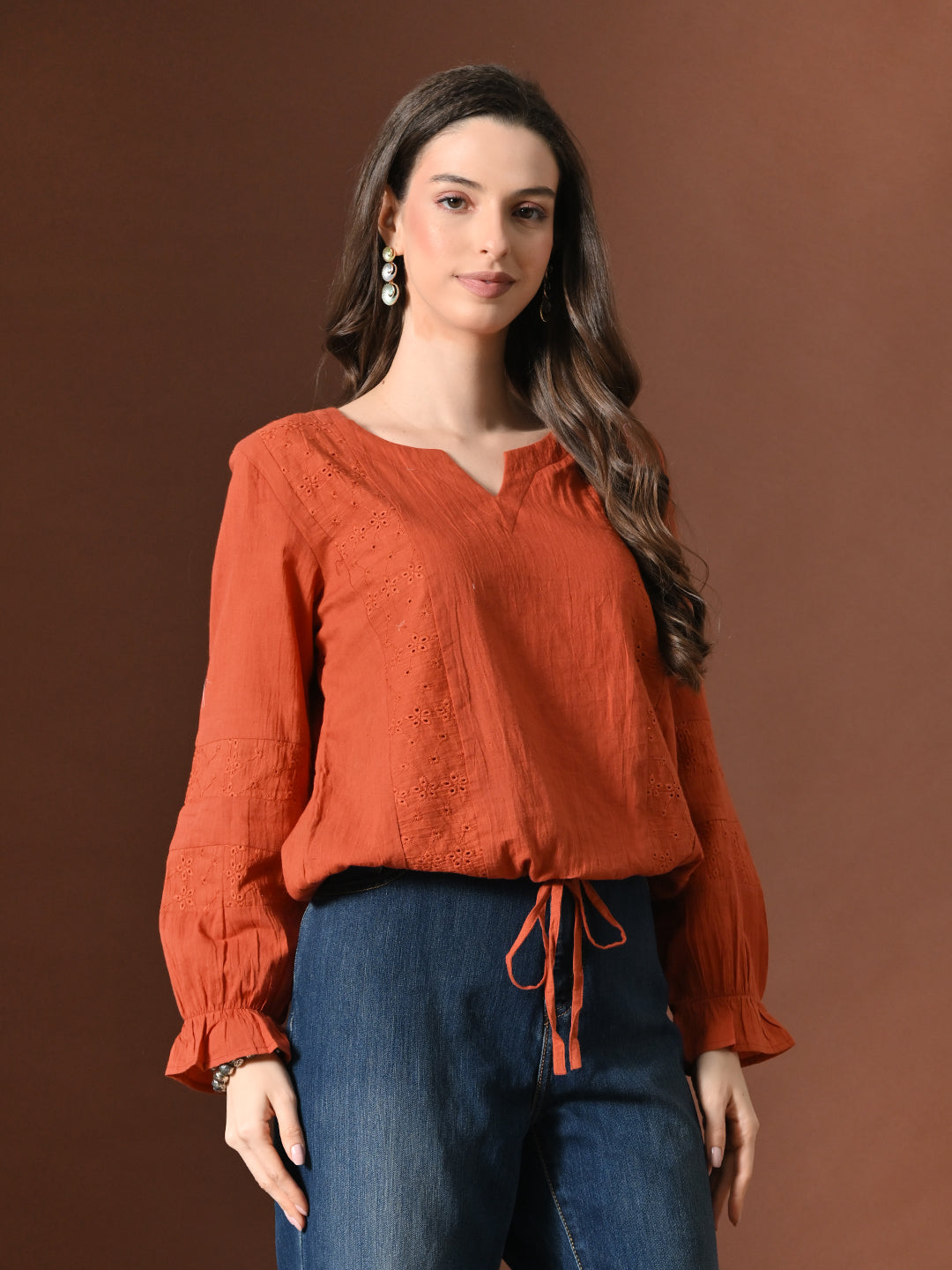 Myshka Women Pure Cotton Top Puffed Full Sleeves Schiffli Pattern Embroidered Tie-up Style