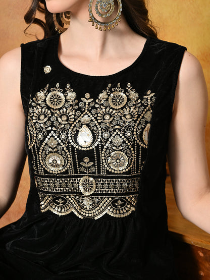 Myshka Women Black Velvet Embroidered Yoke Sleeveless Kurta Set