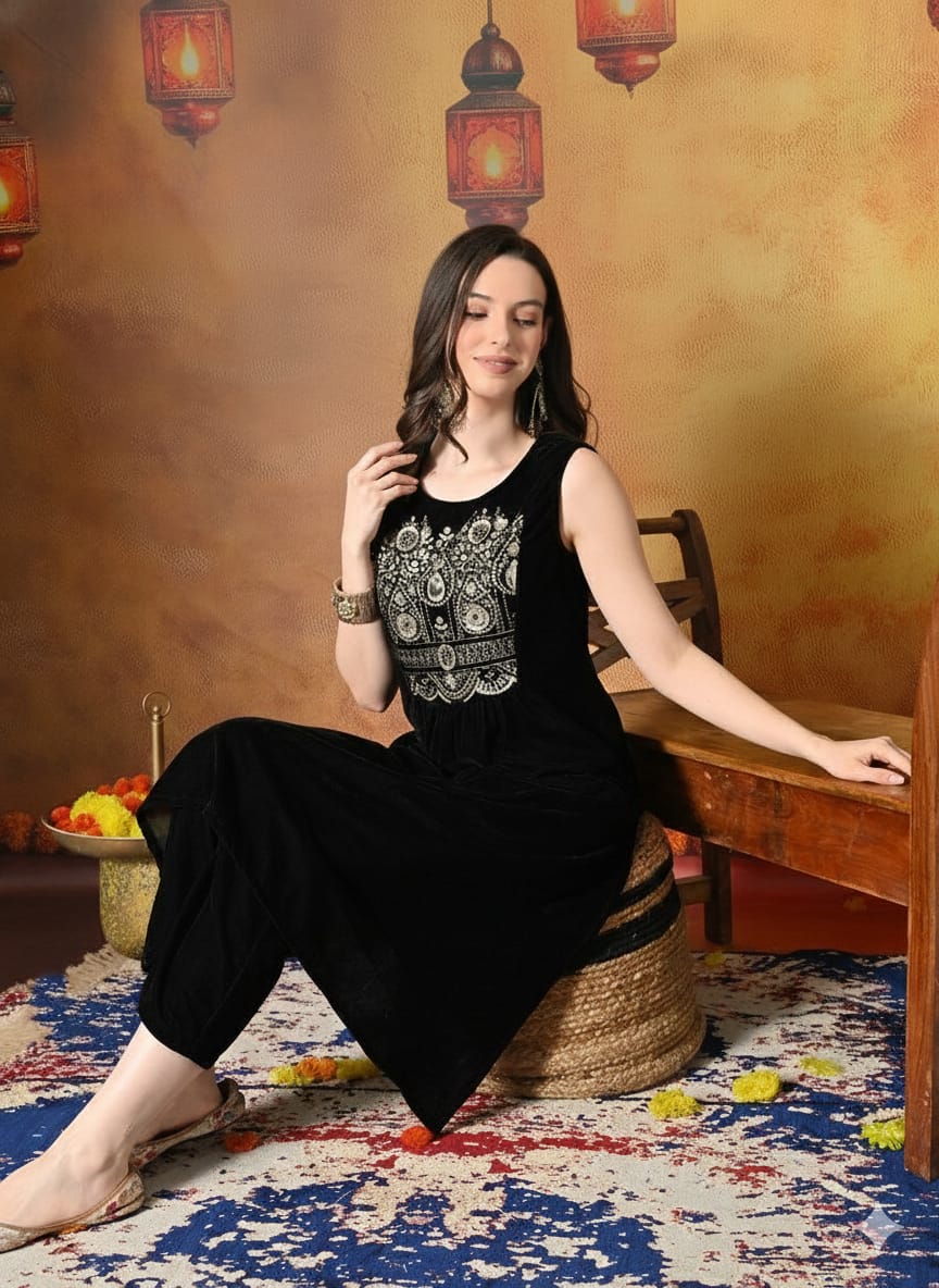 Myshka Women Black Velvet Embroidered Yoke Sleeveless Kurta Set