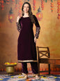 Myshka Women Wine Velvet Embroidered Regular Sleeves Kurta Set