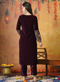 Myshka Women Wine Velvet Embroidered Regular Sleeves Kurta Set