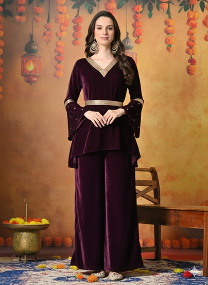 Myshka Women Wine Velvet Flared Sleeves Kurta Set