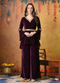 Myshka Women Wine Velvet Flared Sleeves Kurta Set