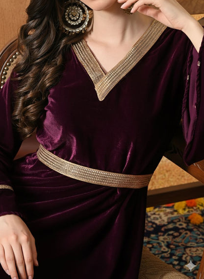 Myshka Women Wine Velvet Flared Sleeves Kurta Set