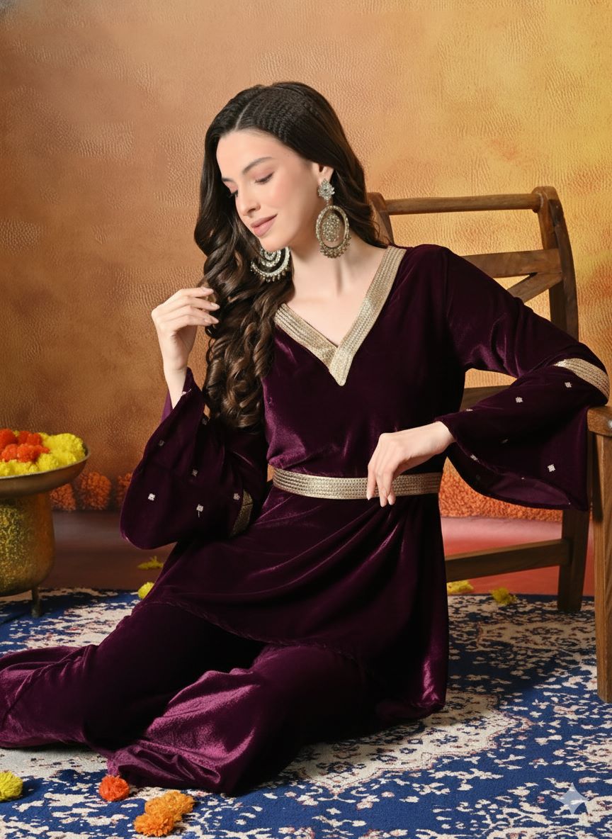 Myshka Women Wine Velvet Flared Sleeves Kurta Set