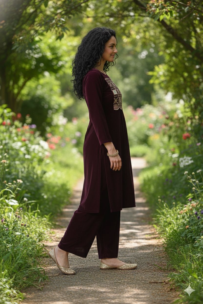 Myshka Women Wine Velvet Embroidered Full Sleeve Kurta With Trouser