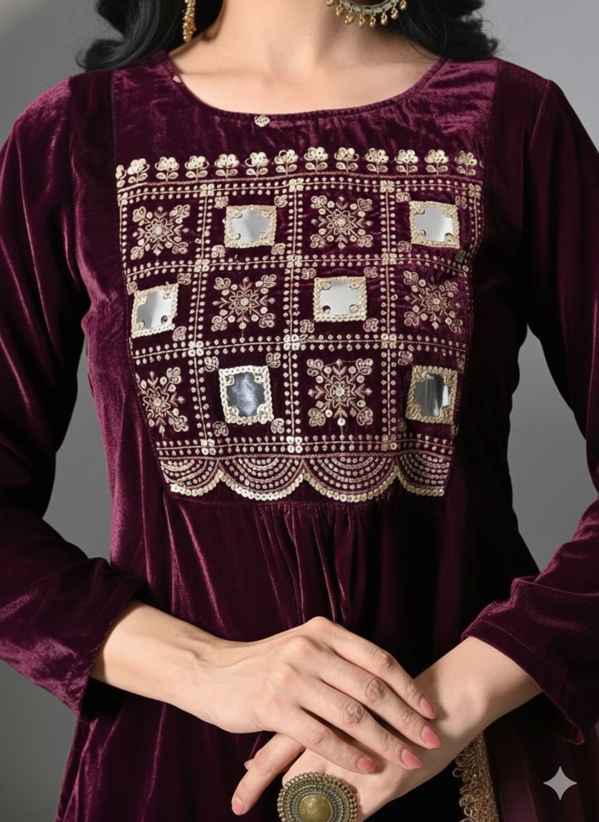 Myshka Women Wine Velvet Embroidered Full Sleeve Kurta With Trouser