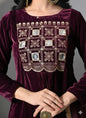 Myshka Women Wine Velvet Embroidered Full Sleeve Kurta With Trouser