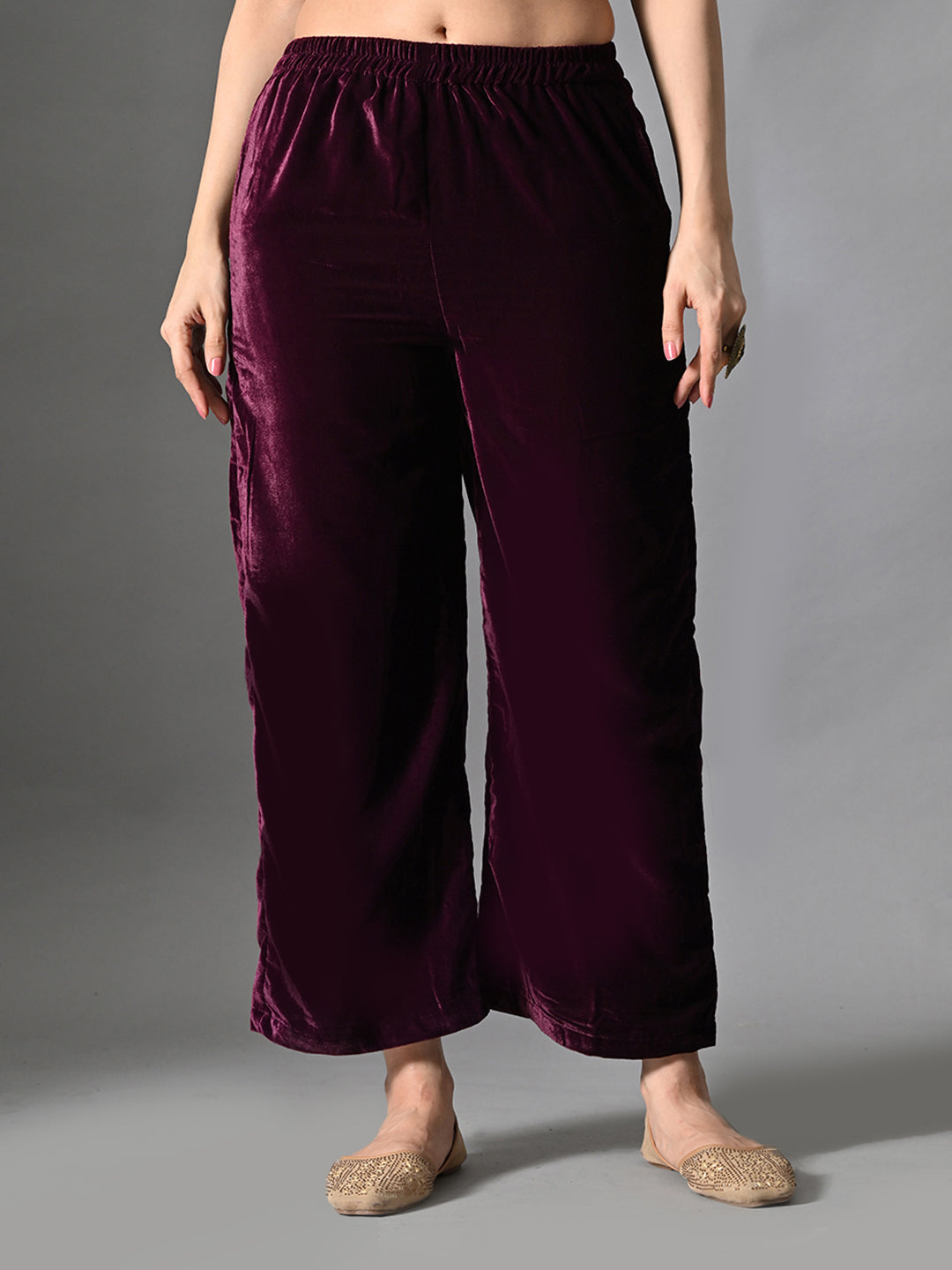 Myshka Women Wine Velvet Embroidered Full Sleeve Kurta With Trouser