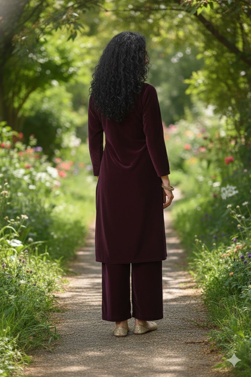 Myshka Women Wine Velvet Embroidered Full Sleeve Kurta With Trouser