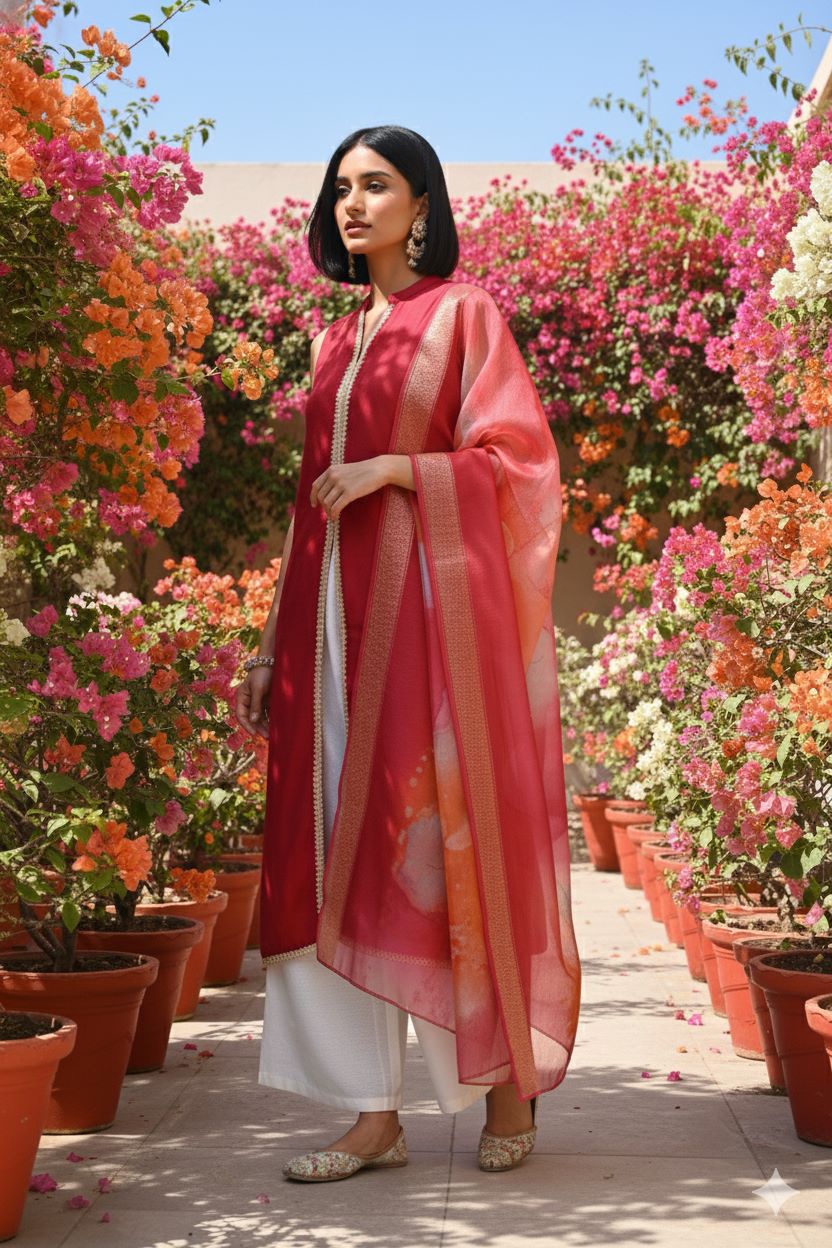 Myshka Women Red Sleeveless Kurta, White Palazzo with Printed Organza Dupatta