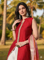 Myshka Women Red Sleeveless Kurta, White Palazzo with Printed Organza Dupatta