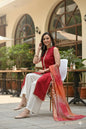Myshka Women Red Sleeveless Kurta, White Palazzo with Printed Organza Dupatta