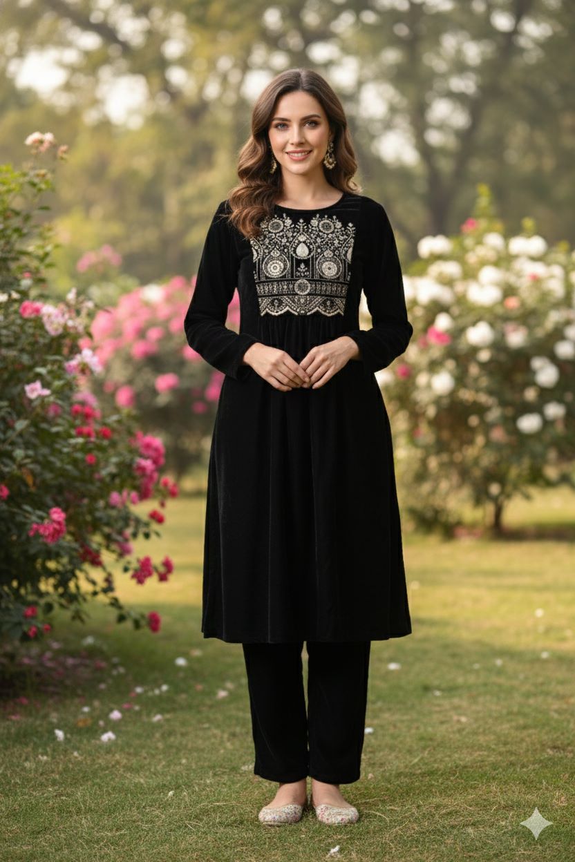 Myshka Women Black Velvet Embroidered Full Sleeve Kurta With Trouser