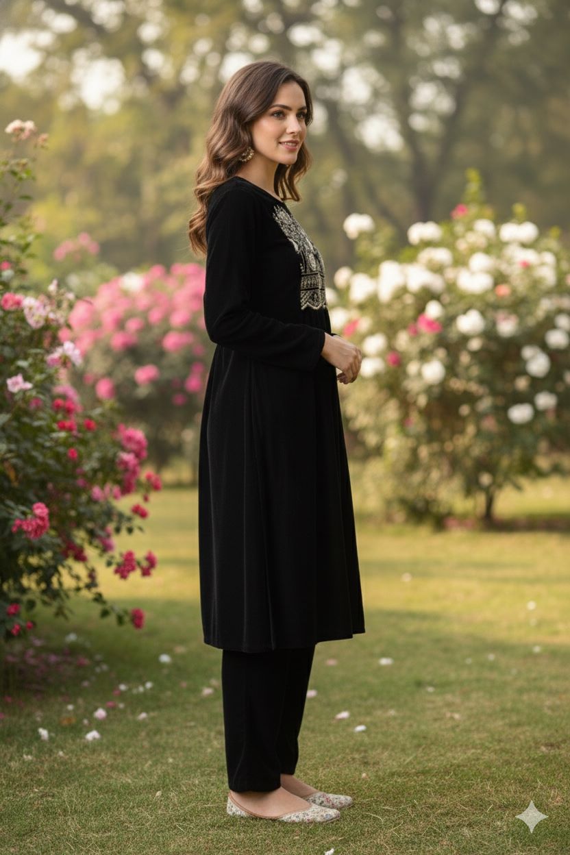 Myshka Women Black Velvet Embroidered Full Sleeve Kurta With Trouser