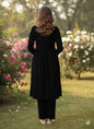 Myshka Women Black Velvet Embroidered Full Sleeve Kurta With Trouser