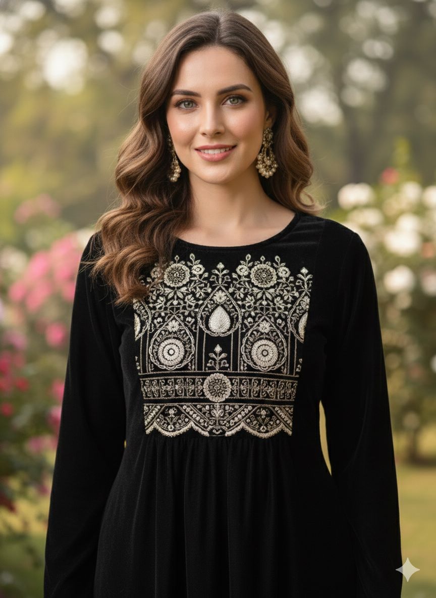 Myshka Women Black Velvet Embroidered Full Sleeve Kurta With Trouser
