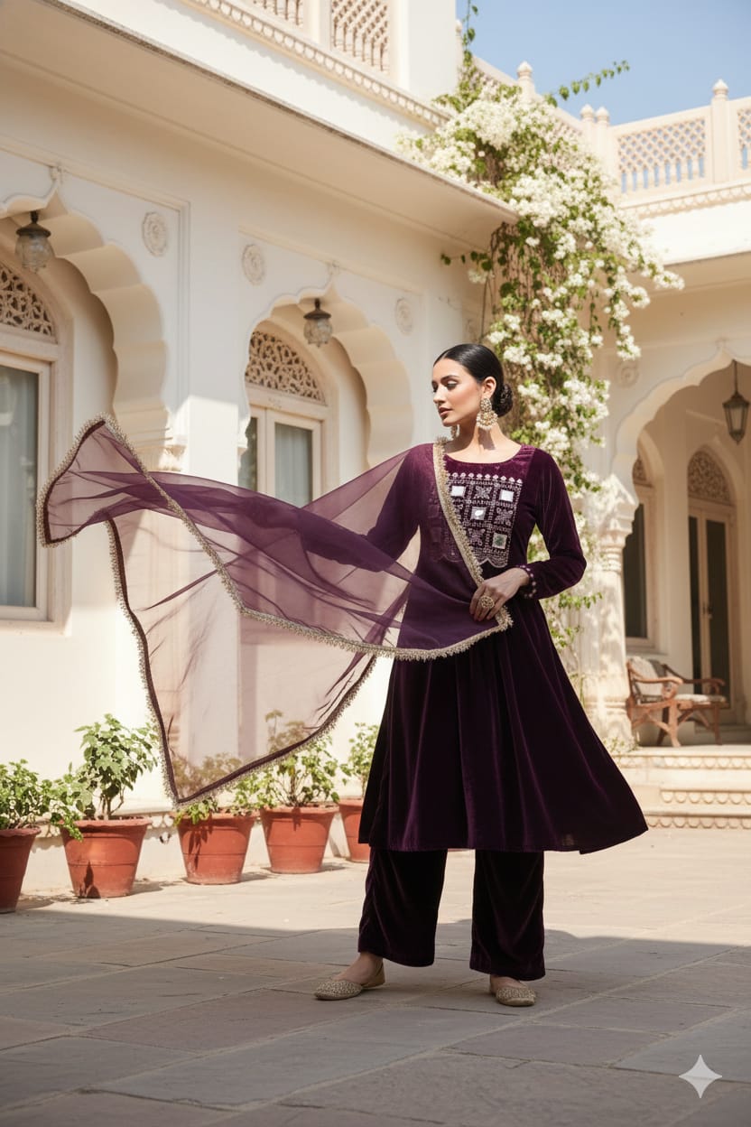 Myshka Women Wine Velvet Embroidered Full Sleeve Kurta Set with Organza Dupatta